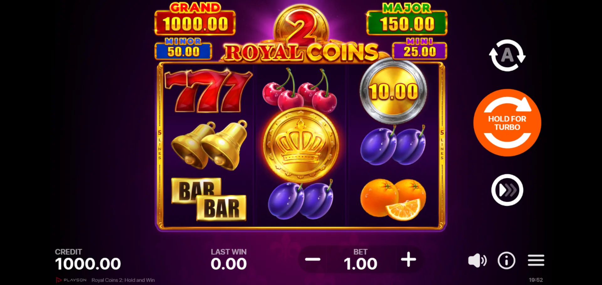 Royal Coins 2 base-game 3x3 grid with the 777 Wild, BAR, bells, cherries, plums and oranges, and the 5 LINES label on the reel frame