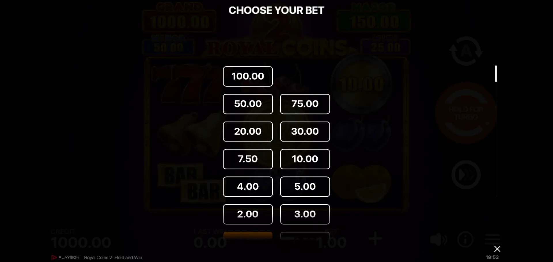 Royal Coins 2 stake selector with the four jackpot values above the reels that rescale with the chosen bet