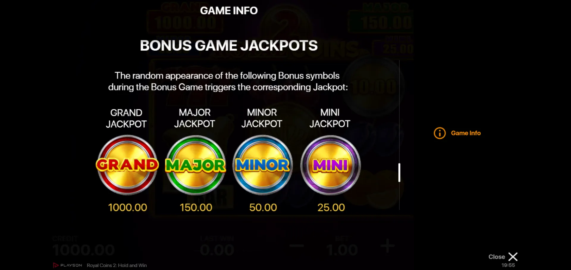 Royal Coins 2 in-game help screen for the four Bonus Game jackpots Grand 1000x, Major 150x, Minor 50x, Mini 25x